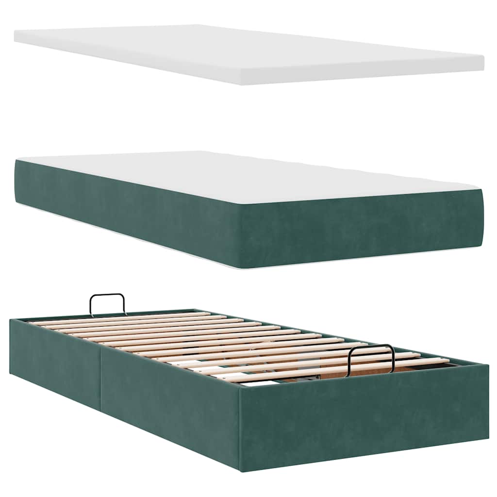 vidaXL Łóżko otomana z materacem i LED, ciemnozielony 90x200cm aksamit