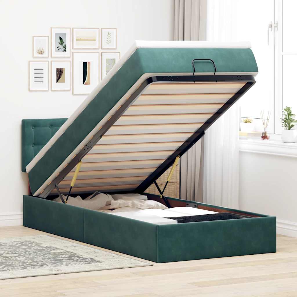 vidaXL Łóżko otomana z materacem i LED, ciemnozielony 90x200cm aksamit