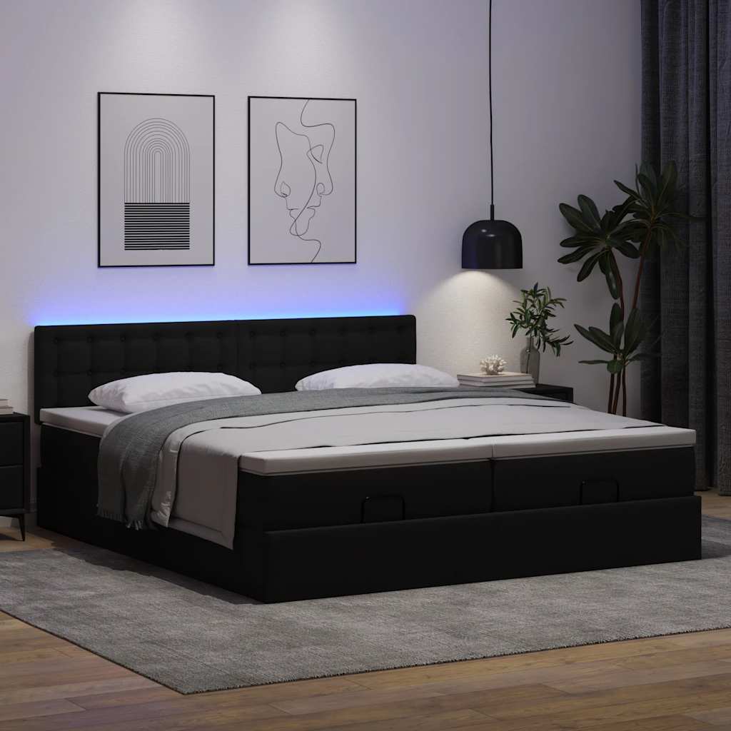 vidaXL Łóżko otomana z materacami i LED, czarna, 180x200cm, ekoskóra