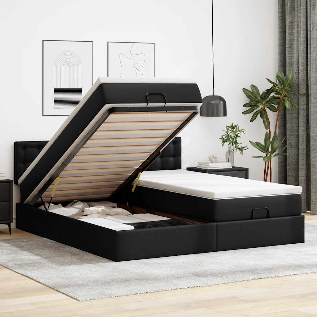 vidaXL Łóżko otomana z materacami i LED, czarna, 180x200cm, ekoskóra