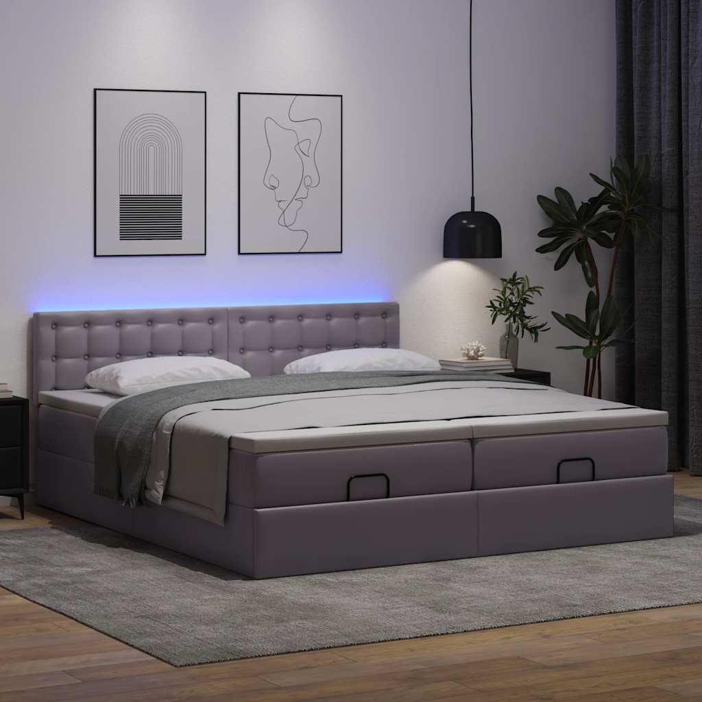 vidaXL Łóżko otomana z materacami i LED, szara, 180x200cm, ekoskóra
