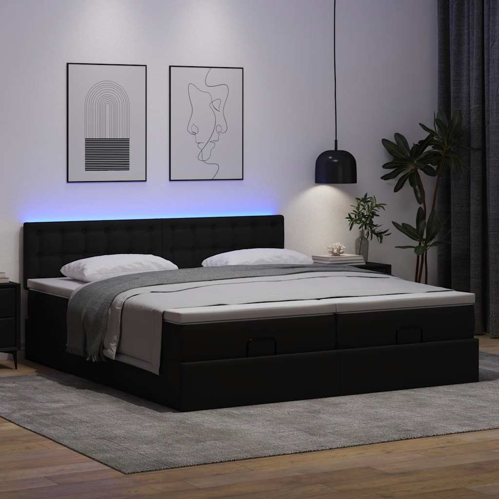 vidaXL Rama łóżka otomana z materacami, czarna, 200x200 cm, ekoskóra