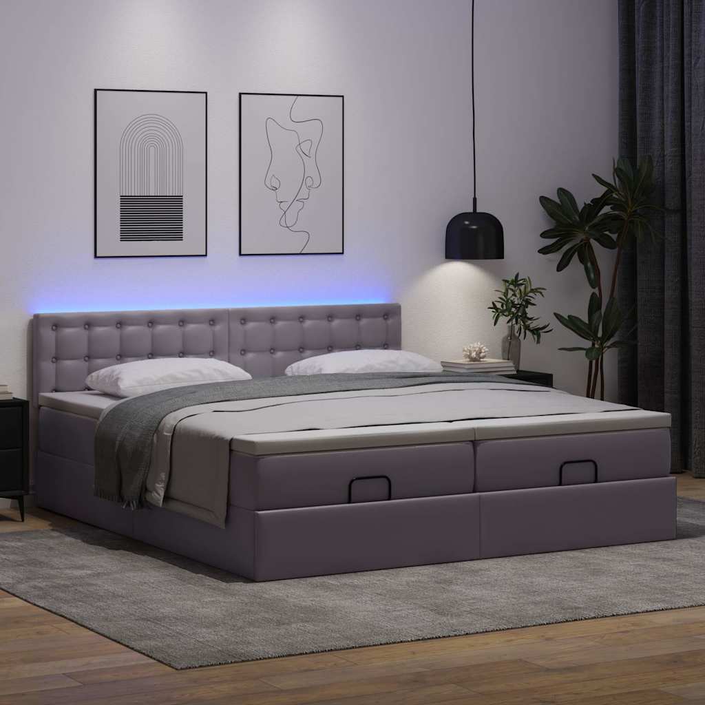 vidaXL Rama łóżka otomana z materacami, szara, 200x200 cm, ekoskóra