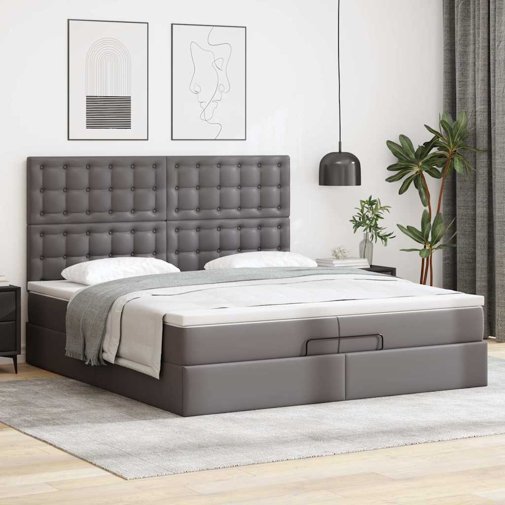 vidaXL Rama łóżka otomana z materacami, szara, 200x200 cm, ekoskóra