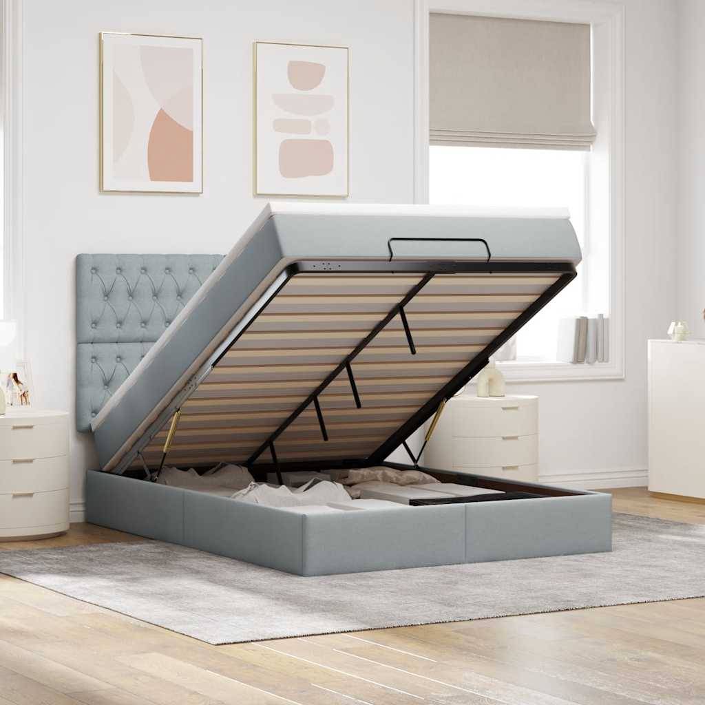 vidaXL Rama łóżka otomana z materacem, jasnoszara, 140x190 cm, tkanina