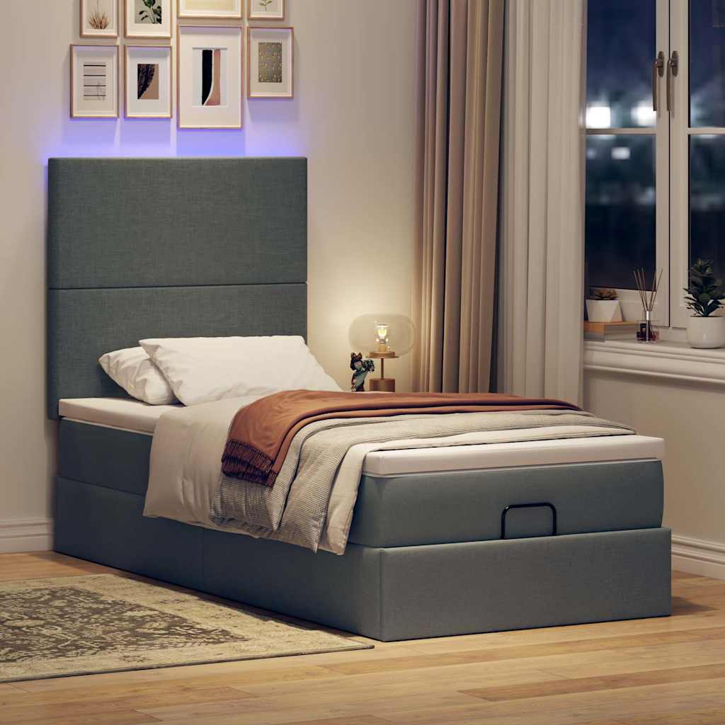 vidaXL Łóżko Ottoman z materacem i LED, ciemnoszary, 80x200cm, tkanina