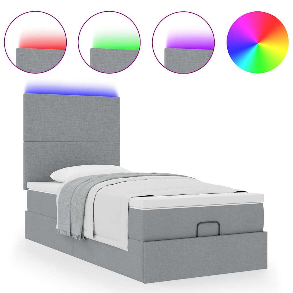 vidaXL Łóżko Ottoman z materacem i LED, jasnoszary, 90x200 cm, tkanina