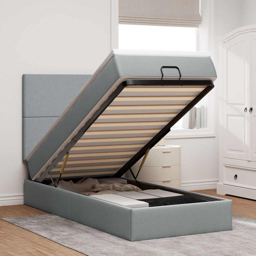 vidaXL Łóżko Ottoman z materacem i LED, jasnoszary, 90x200 cm, tkanina