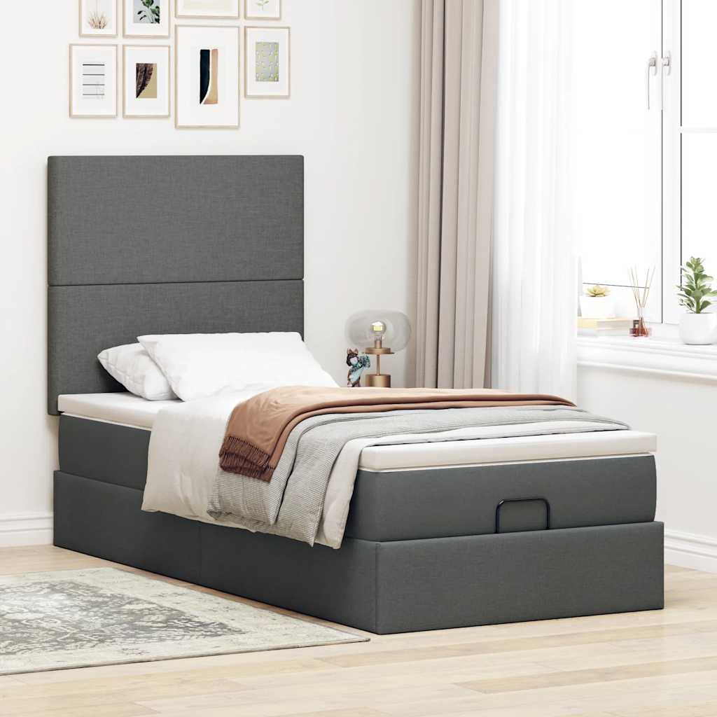 vidaXL Łóżko otomana z materacem i LED, ciemnoszary, 90x200 cm tkanina