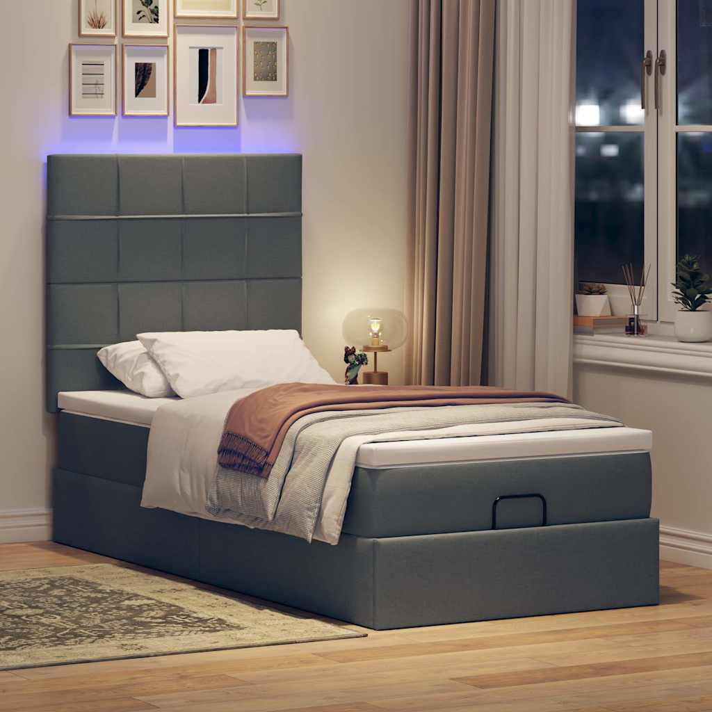 vidaXL Łóżko otomana z materacem i LED, ciemnoszary, 90x200 cm tkanina