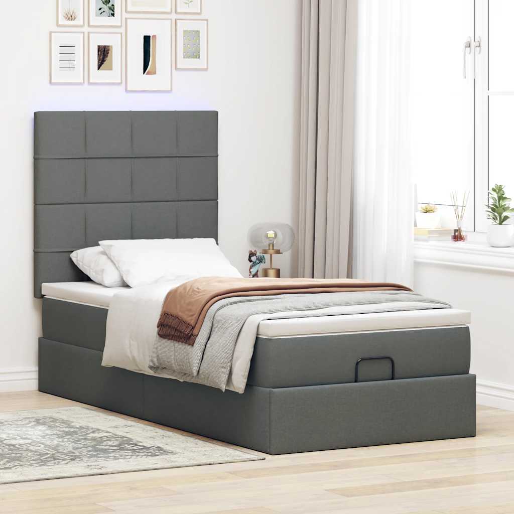 vidaXL Łóżko otomana z materacem i LED, ciemnoszary, 90x200 cm tkanina