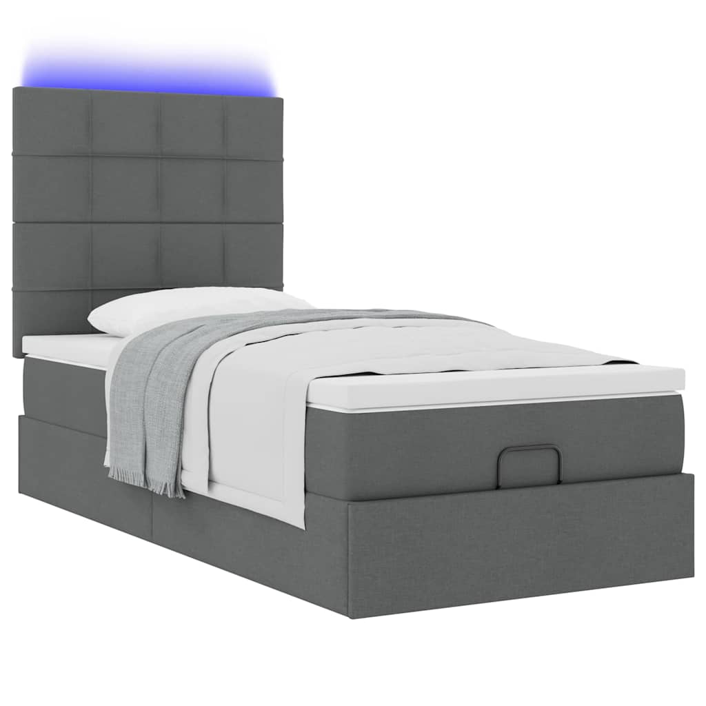 vidaXL Łóżko otomana z materacem i LED, ciemnoszary, 90x200 cm tkanina