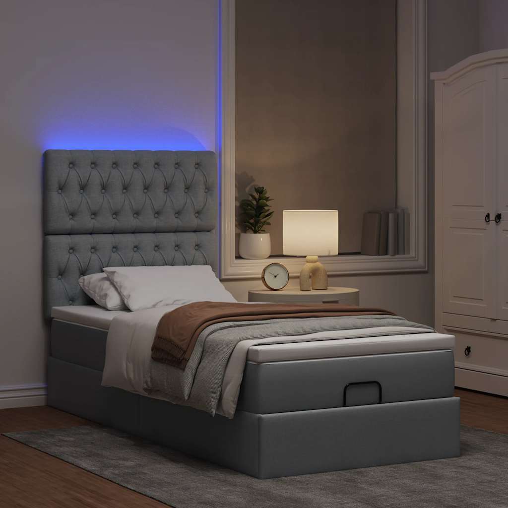 vidaXL Łóżko Ottoman z materacem i LED, jasnoszary, 80x200cm, tkanina