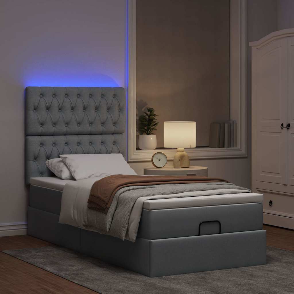 vidaXL Łóżko Ottoman z materacem i LED, jasnoszary, 90x200 cm, tkanina