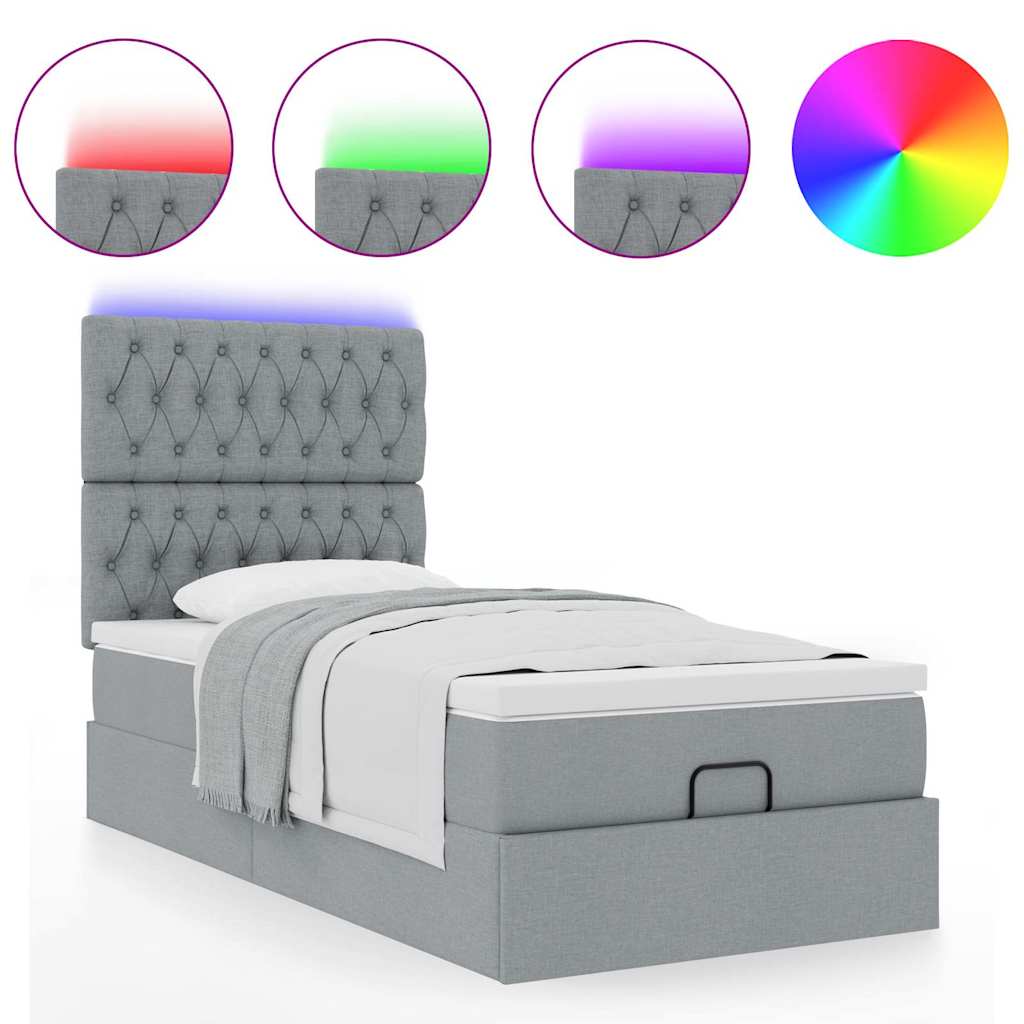 vidaXL Łóżko Ottoman z materacem i LED, jasnoszary, 90x200 cm, tkanina