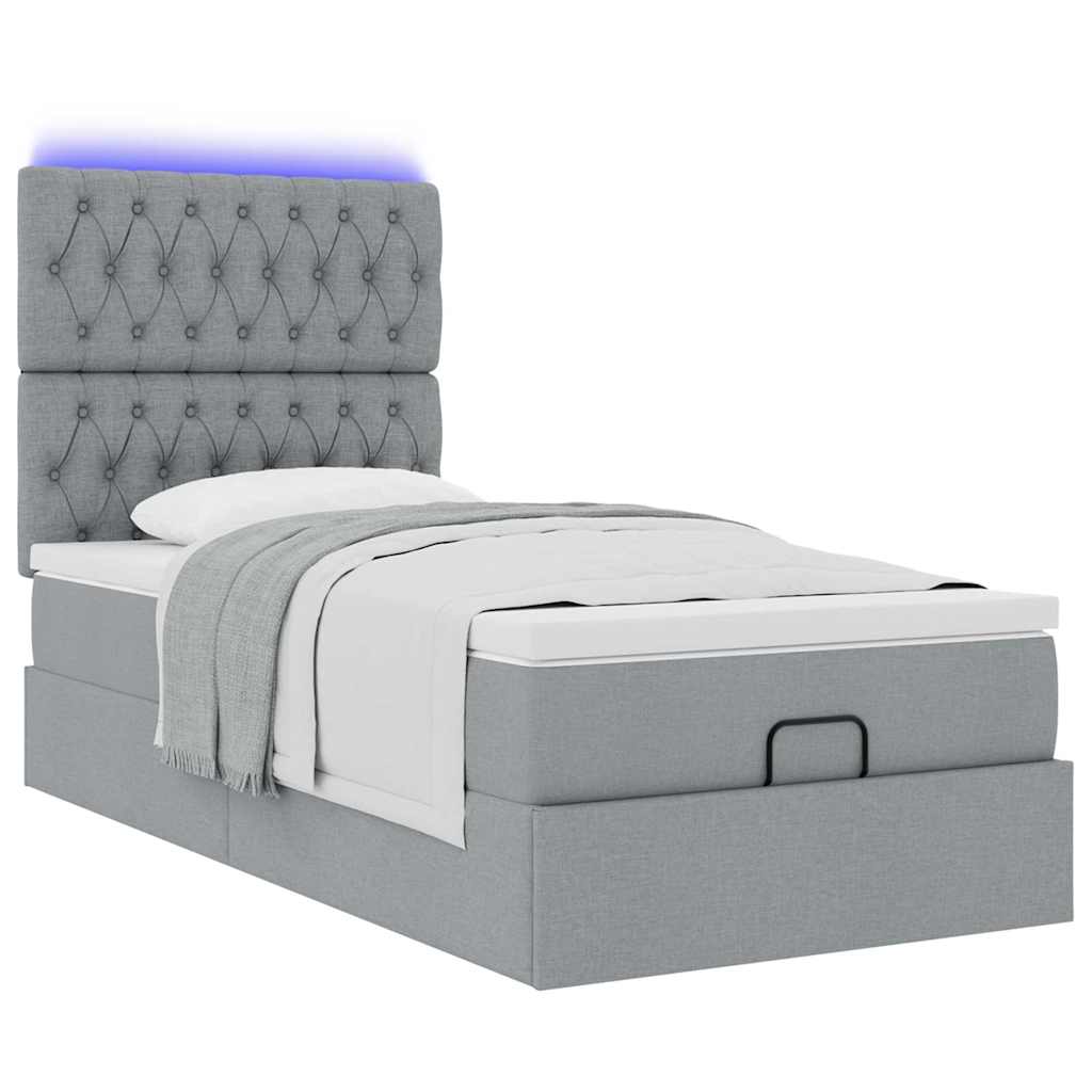 vidaXL Łóżko Ottoman z materacem i LED, jasnoszary, 90x200 cm, tkanina