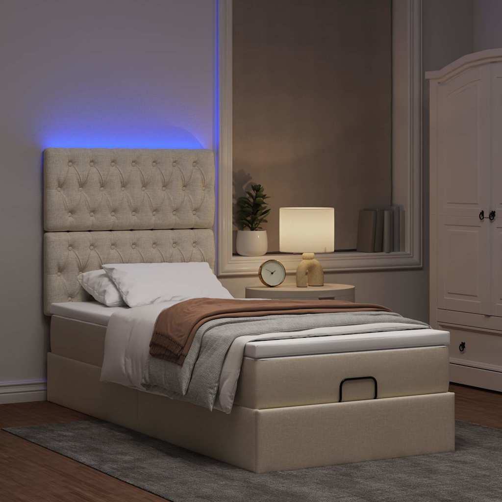 vidaXL Otomana Łóżko z Materacem i LED, kremowy, 90x200 cm, tkanina