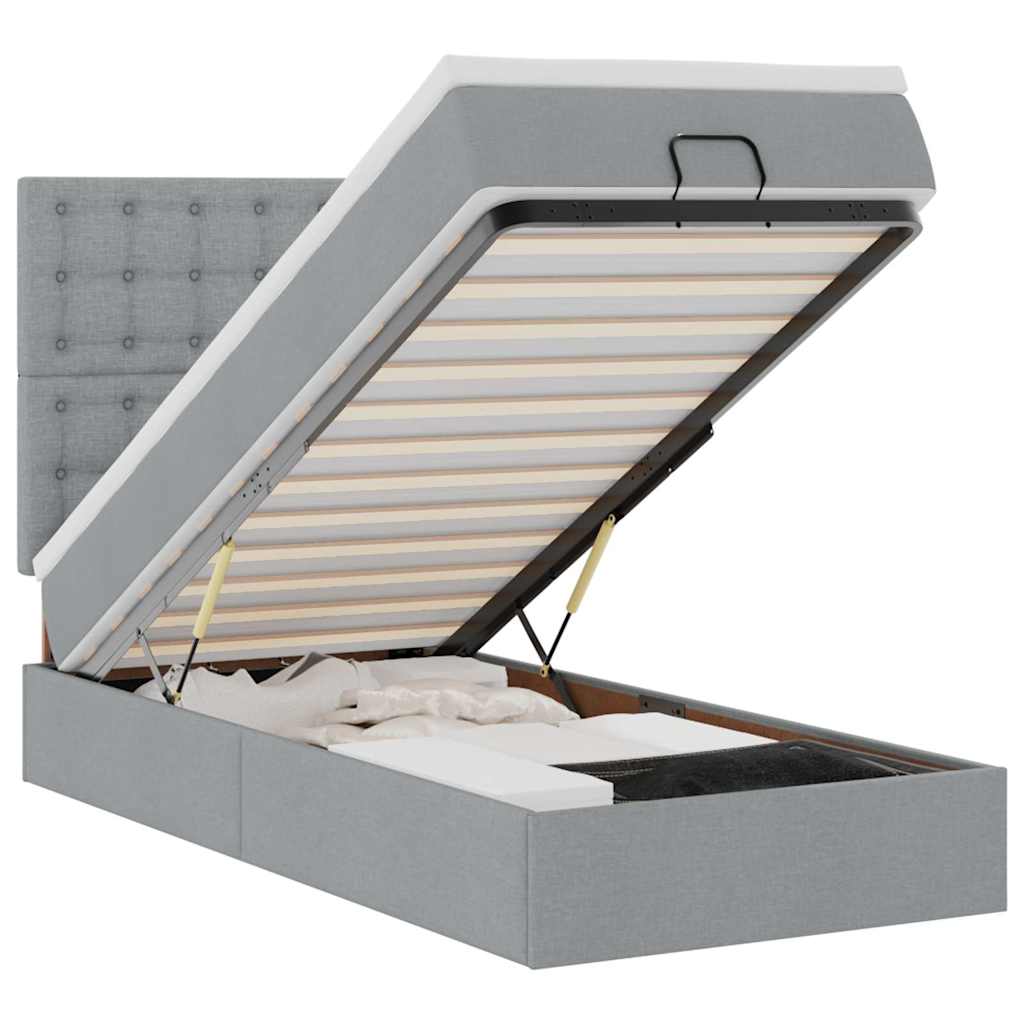 vidaXL Łóżko Ottoman z materacem i LED, jasnoszary, 90x200 cm, tkanina