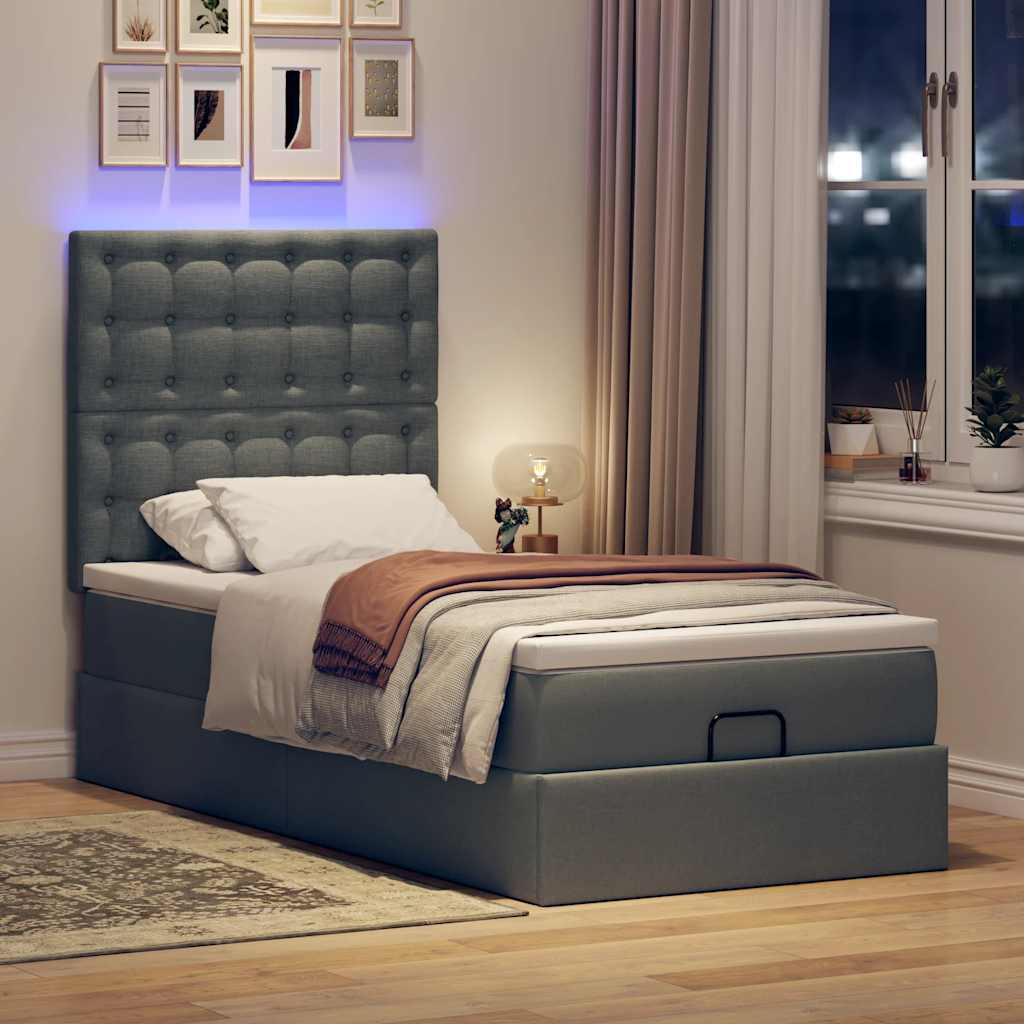 vidaXL Łóżko otomana z materacem i LED, ciemnoszary, 90x200 cm tkanina