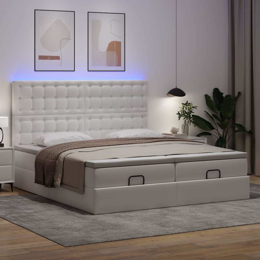 vidaXL Łóżko otomana z materacami i LED, biała, 180x200cm, ekoskóra