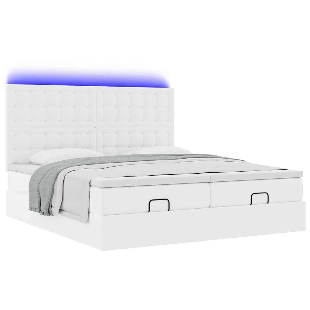 vidaXL Łóżko otomana z materacami i LED, biała, 180x200cm, ekoskóra