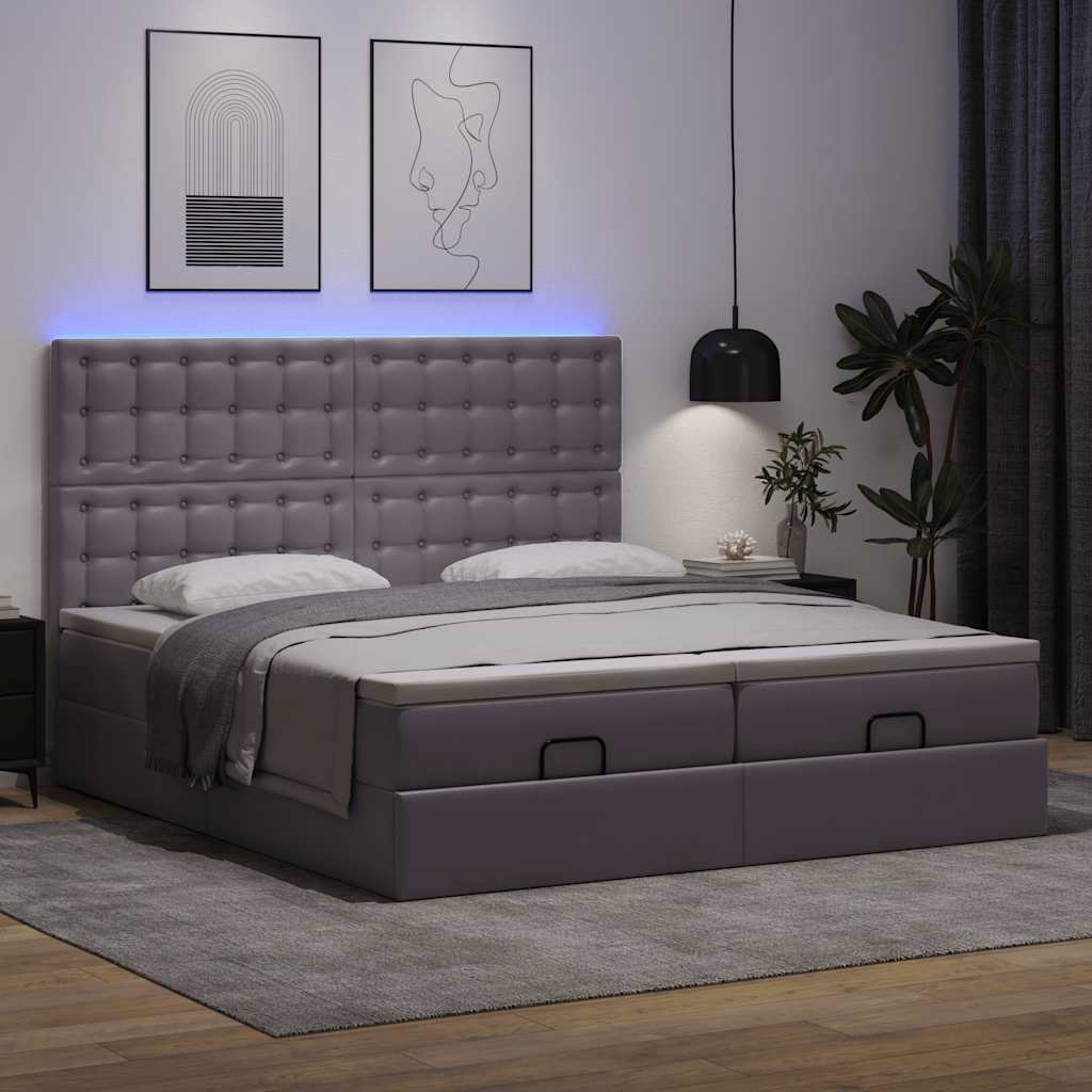 vidaXL Rama łóżka otomana z materacami, szara, 200x200 cm, ekoskóra