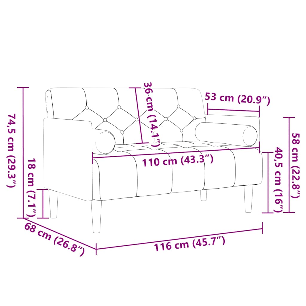 vidaXL Sofa dwuosobowa z poduszkami wałkowymi Brązowa 110 cm Aksamit