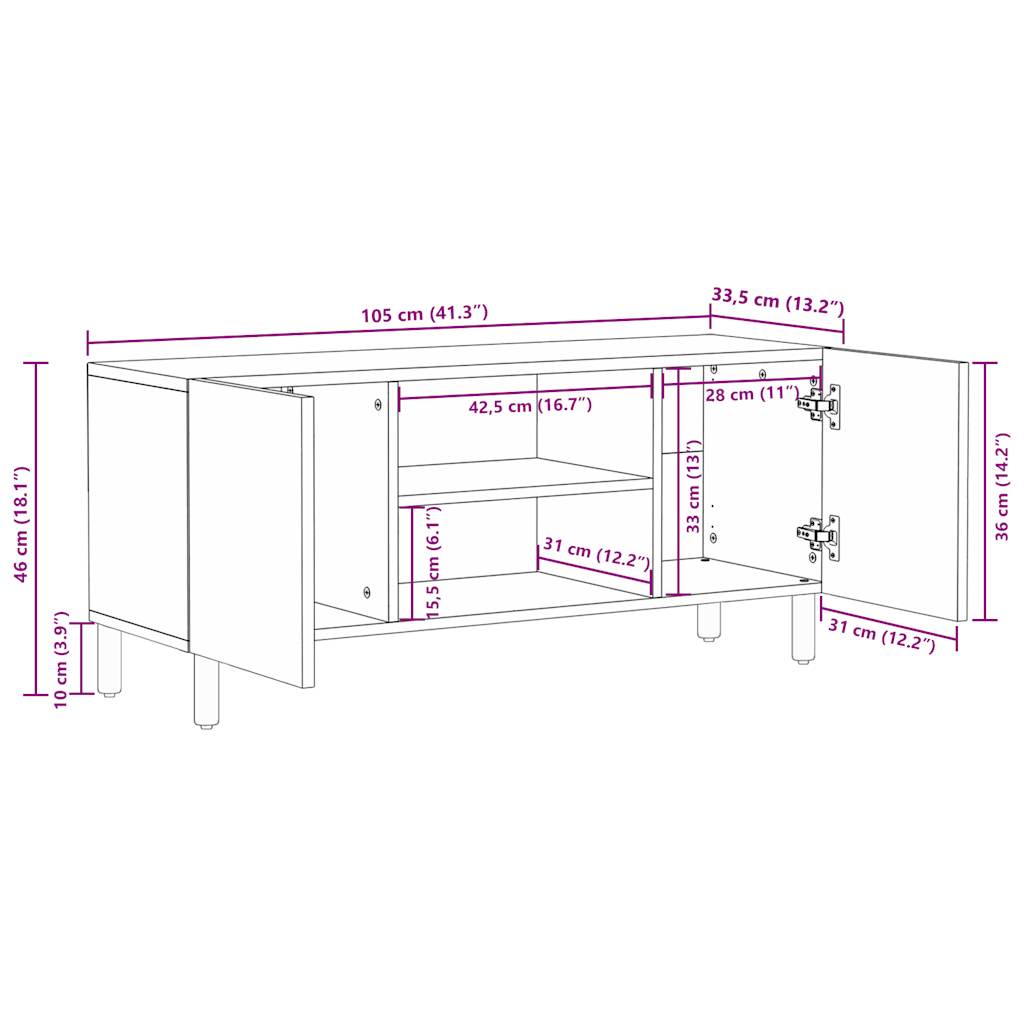 vidaXL Szafka pod TV, czarne, 105x33,5x46 cm, lite surowe drewno mango