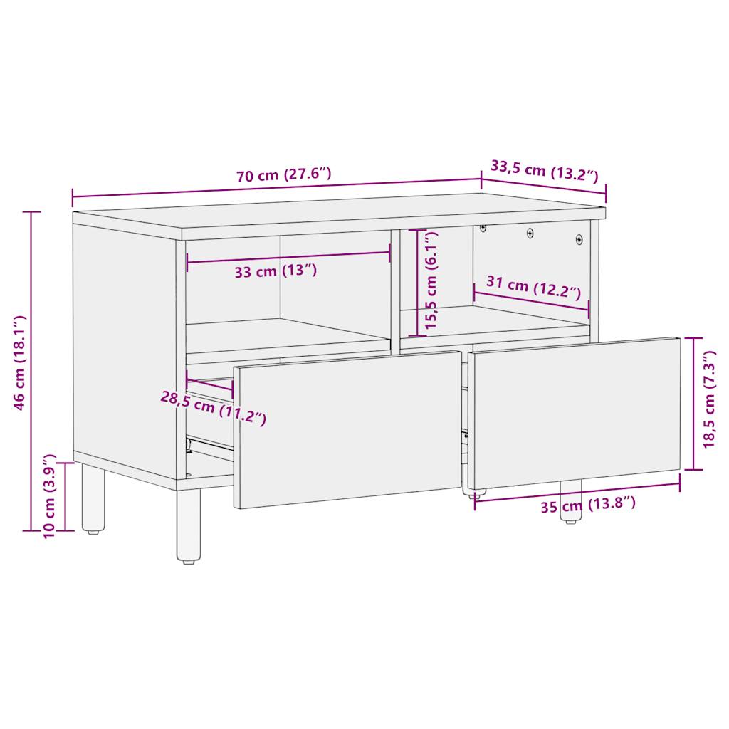 vidaXL Szafka pod TV, czarne, 70x33,5x46 cm, lite surowe drewno mango