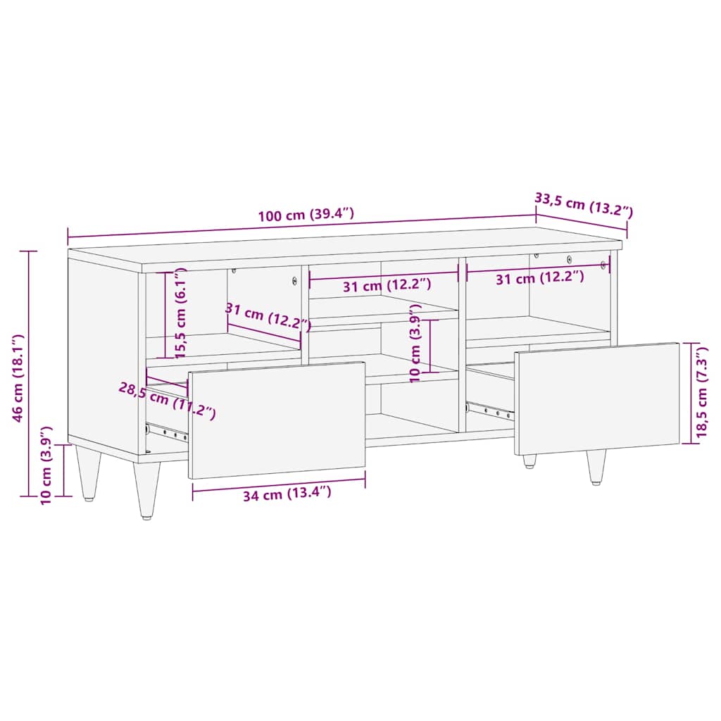 vidaXL Szafka pod telewizor, 100x33,5x46 cm, lite drewno mango