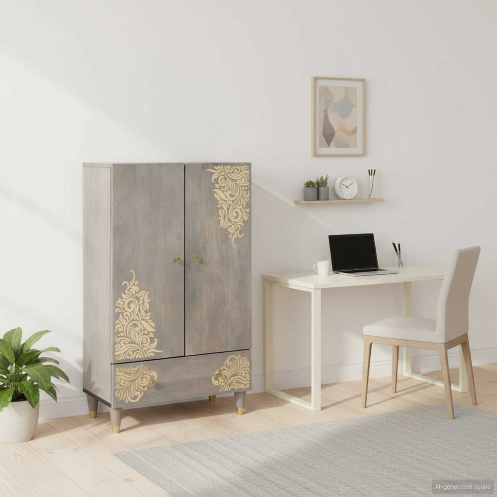 vidaXL Highboard z półką Szary i złoto 60 x 33 x 100 cm Drewno z mango