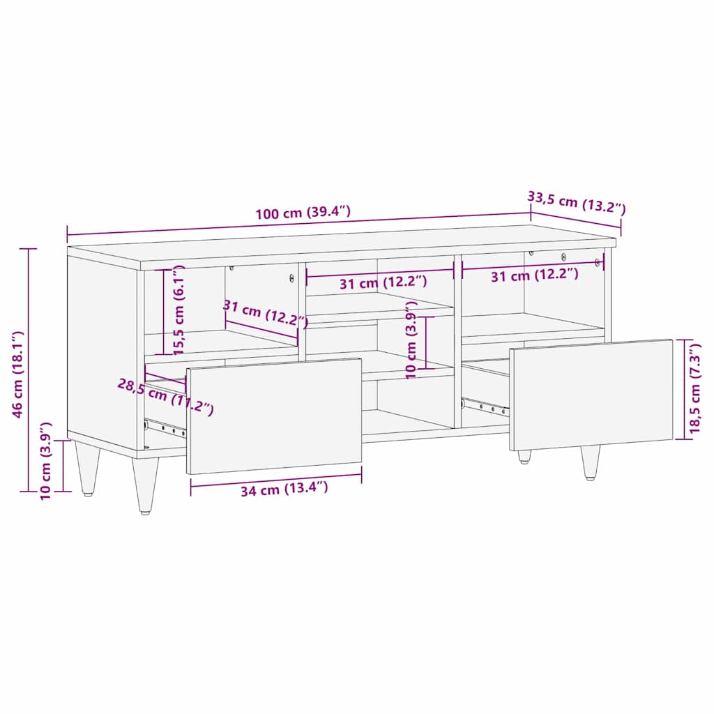 vidaXL Szafka pod telewizor Brązowy 100 x 33,5 x 46 cm Drewno z mango