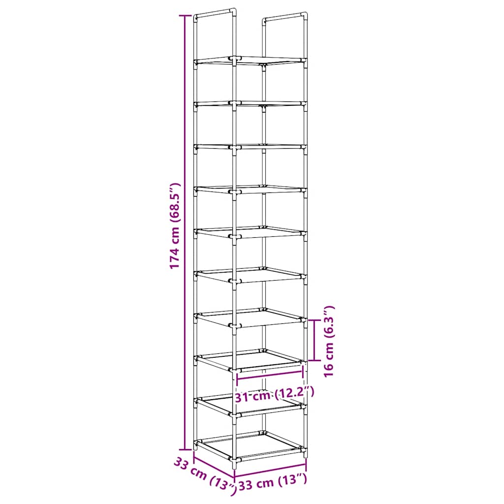 vidaXL Stojak na buty 10-poziomowy czarny 33x33x174 cm