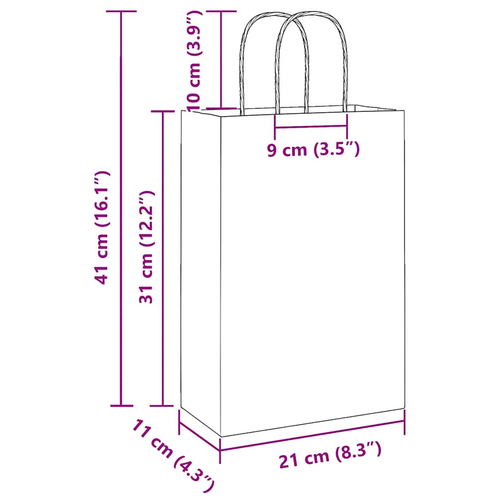 vidaXL Torby papierowe 250 szt. z uchwytami białe 21x11x31 cm