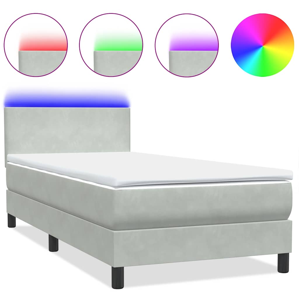 vidaXL Łóżko kontynentalne z materacem i LED, jasnoszare, aksamit, 80x210 cm