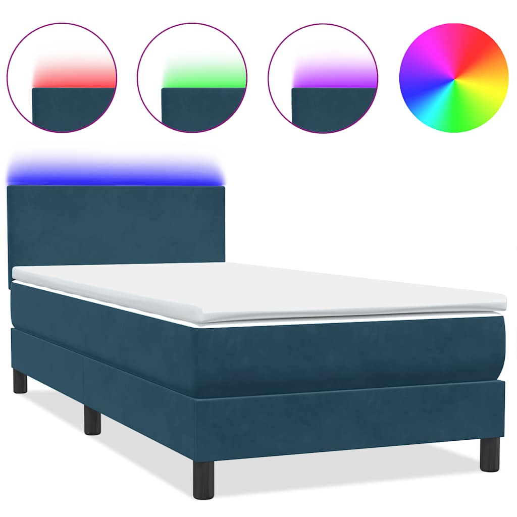 vidaXL Łóżko kontynentalne z materacem i LED, niebieskie, aksamit, 80x210 cm