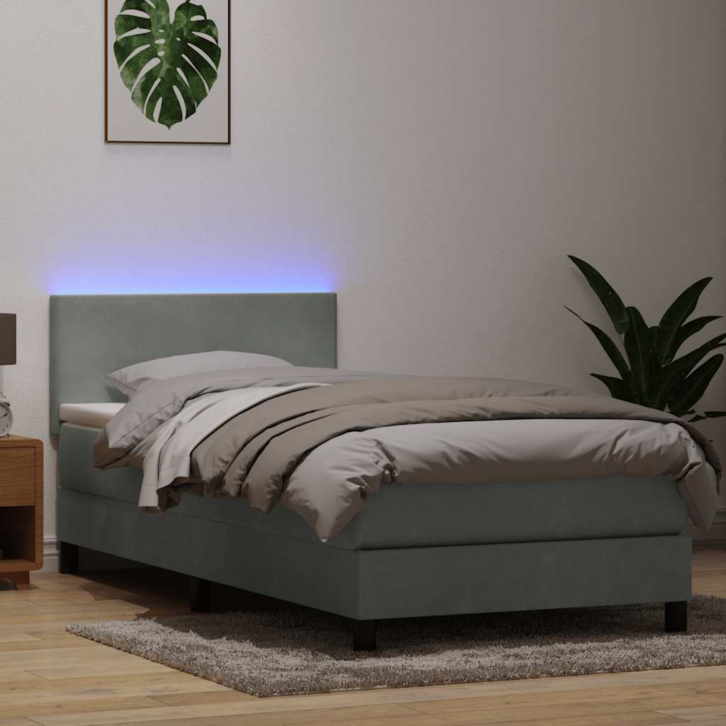 vidaXL Łóżko kontynentalne z materacem i LED, jasnoszary aksamit, 90x210 cm