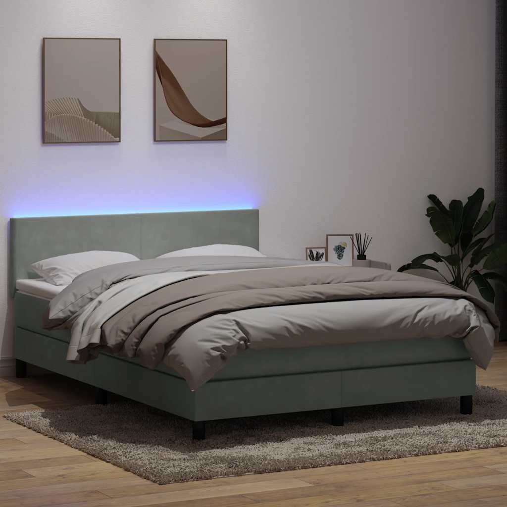 vidaXL Łóżko kontynentalne z materacem i LED, jasnoszare, 160x210cm, aksamit