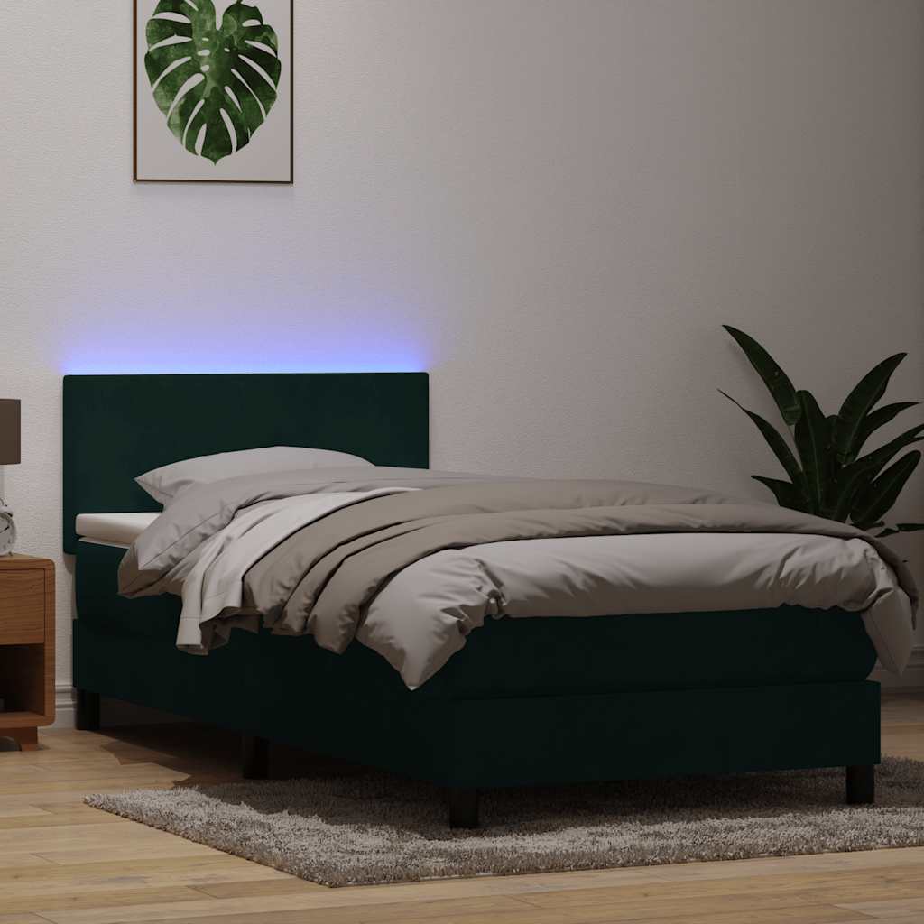 vidaXL Łóżko kontynentalne z materacem i LED ciemnozielony aksamit 80x220 cm