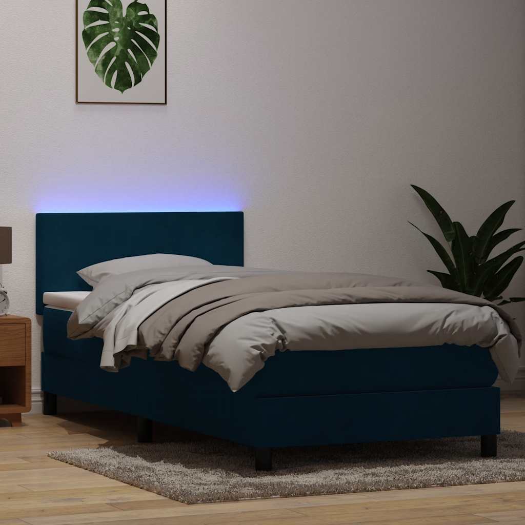 vidaXL Łóżko kontynentalne z materacem i LED, niebieskie, aksamit, 80x220 cm
