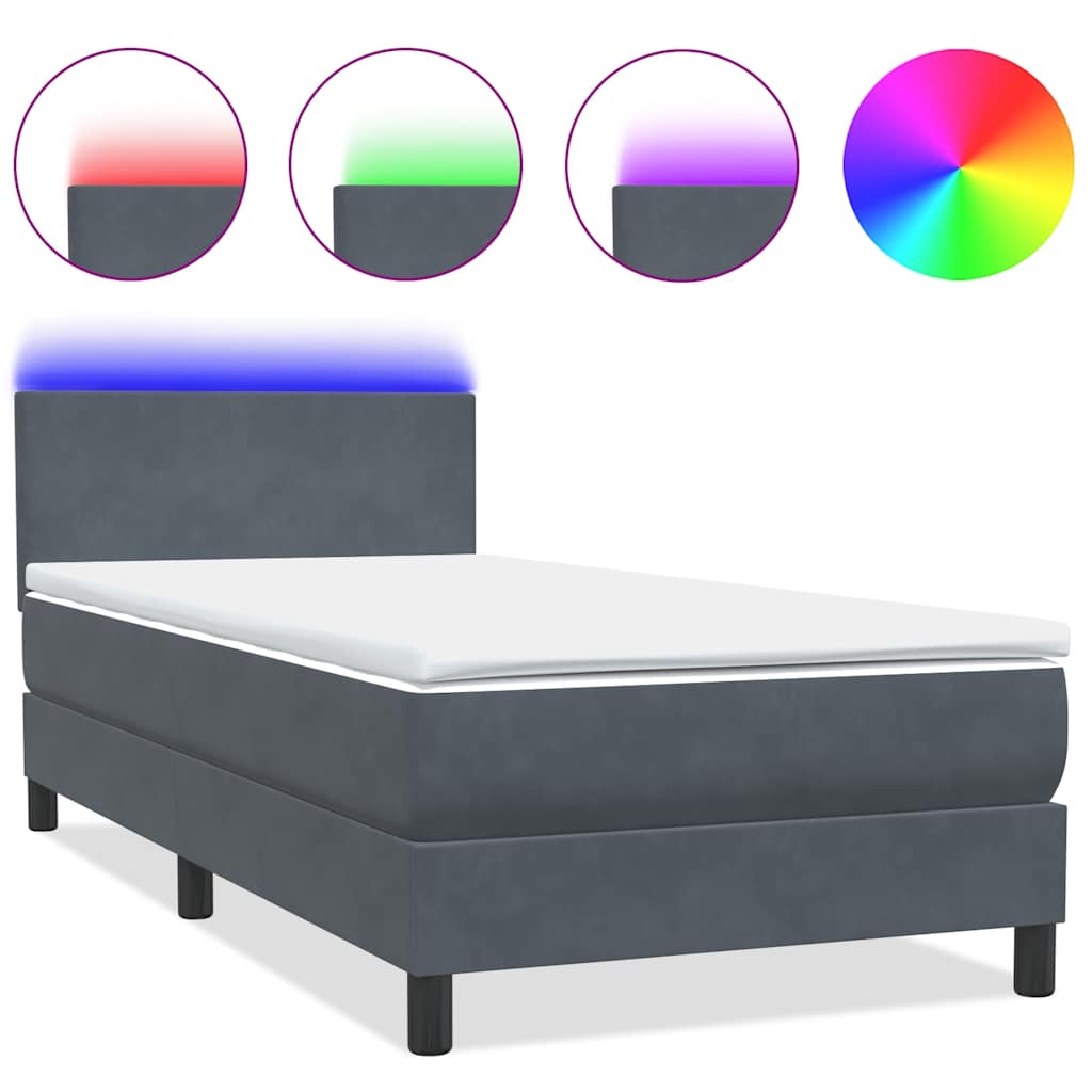 vidaXL Łóżko kontynentalne z materacem i LED, ciemnoszary aksamit, 90x220 cm