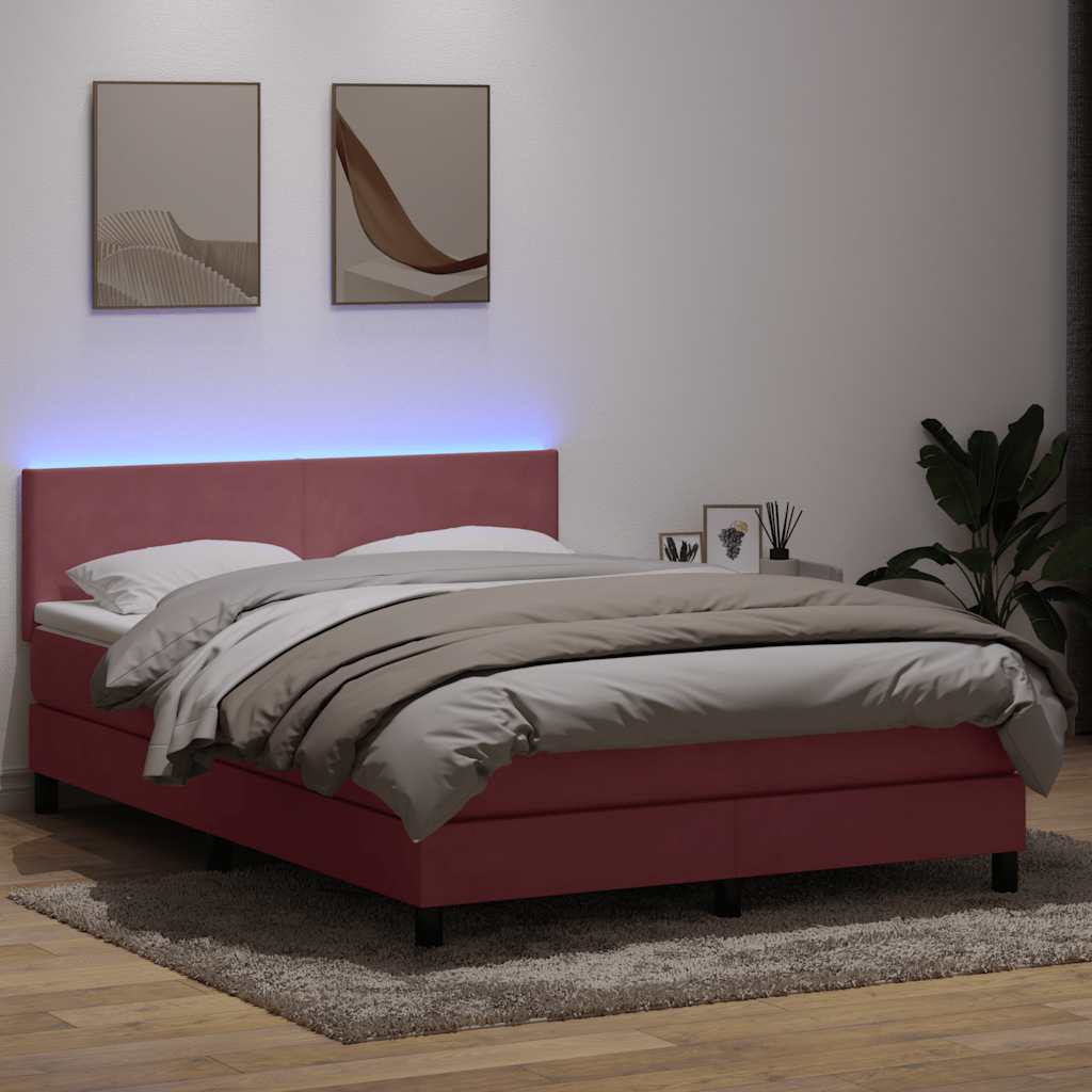 vidaXL Łóżko kontynentalne z materacem i LED, różowe, 140x220 cm, aksamit