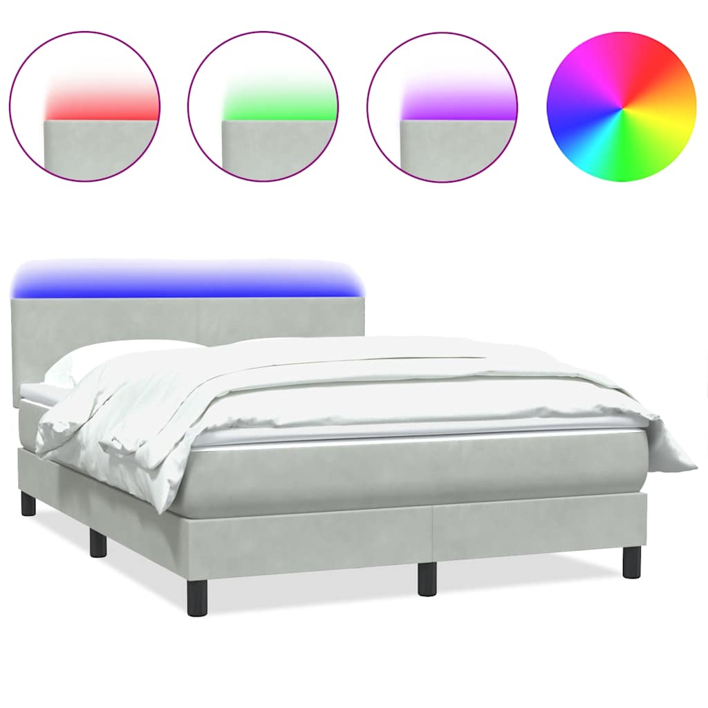 vidaXL Łóżko kontynentalne z materacem i LED, jasnoszare, 160x220cm, aksamit