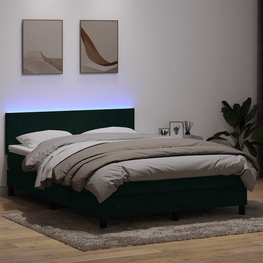 vidaXL Łóżko kontynentalne z materacem i LED, ciemnozielone, 160x220 cm