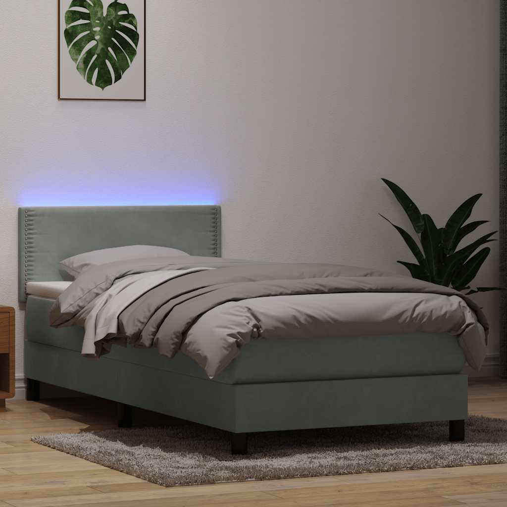 vidaXL Łóżko kontynentalne z materacem i LED, jasnoszare, aksamit, 80x210 cm