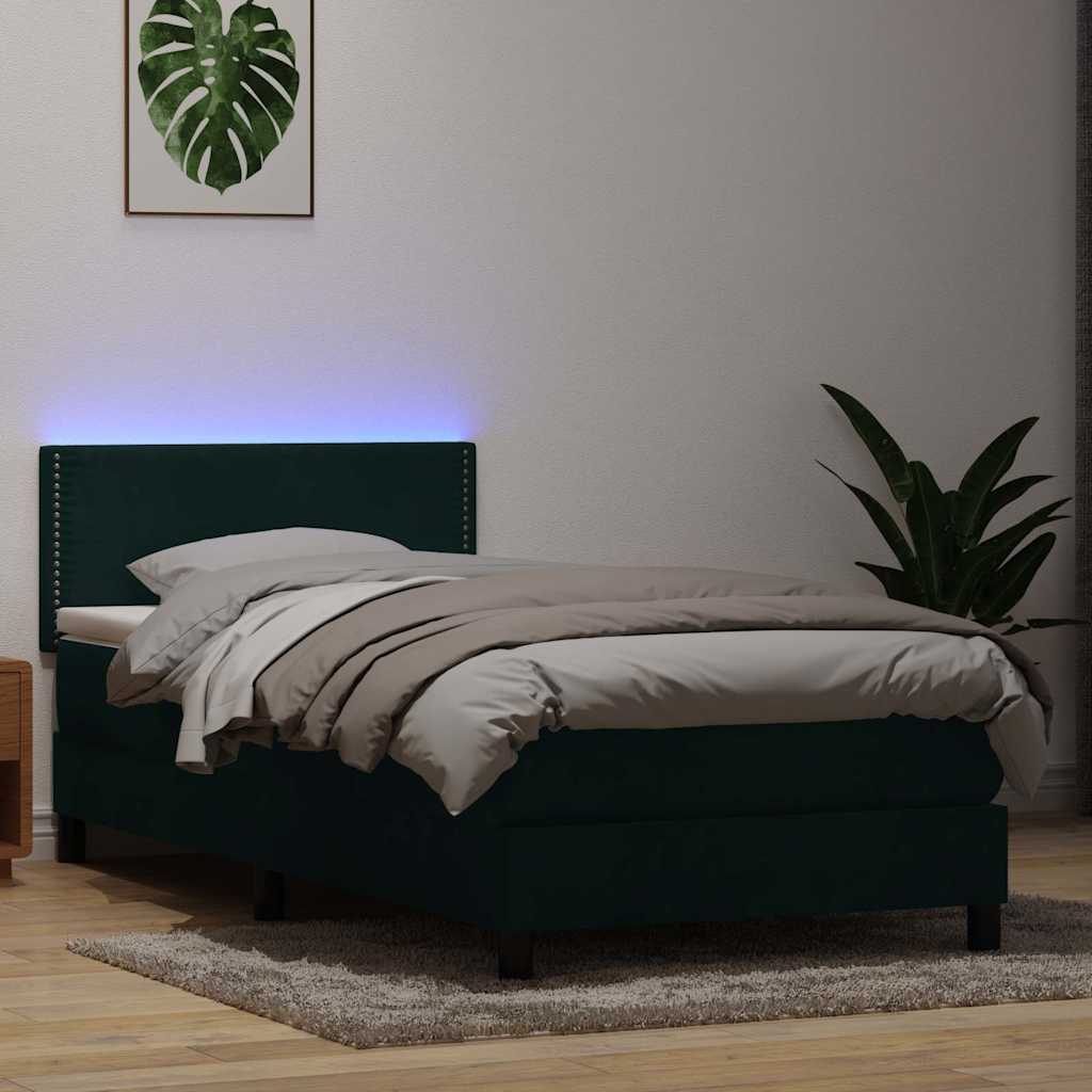 vidaXL Łóżko kontynentalne z materacem i LED ciemnozielony aksamit 80x220 cm