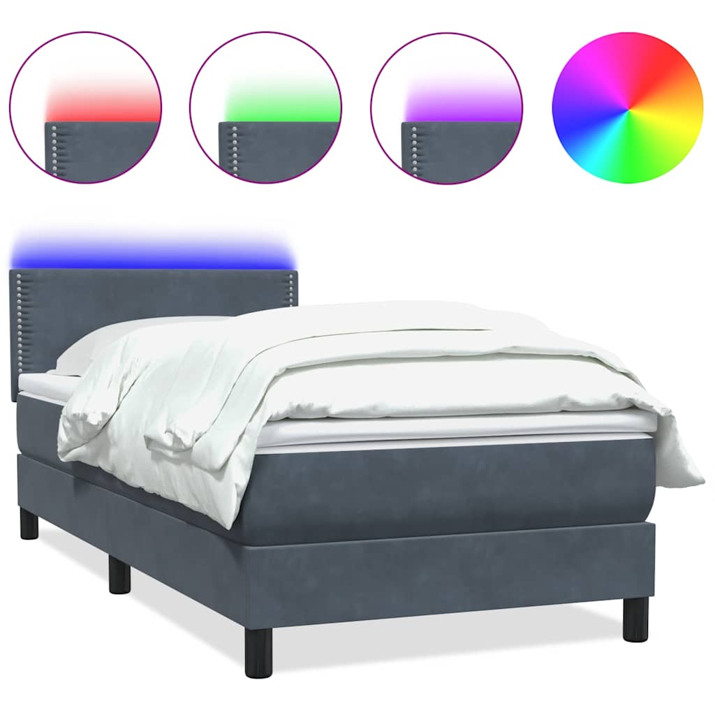 vidaXL Łóżko kontynentalne z materacem i LED, ciemnoszary aksamit, 90x220 cm