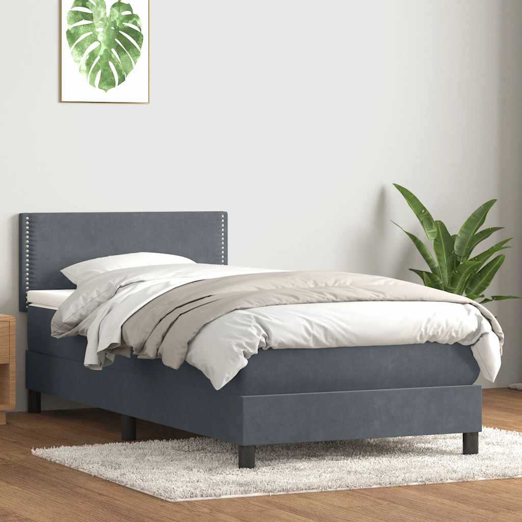 vidaXL Łóżko kontynentalne z materacem i LED, ciemnoszary aksamit, 90x220 cm