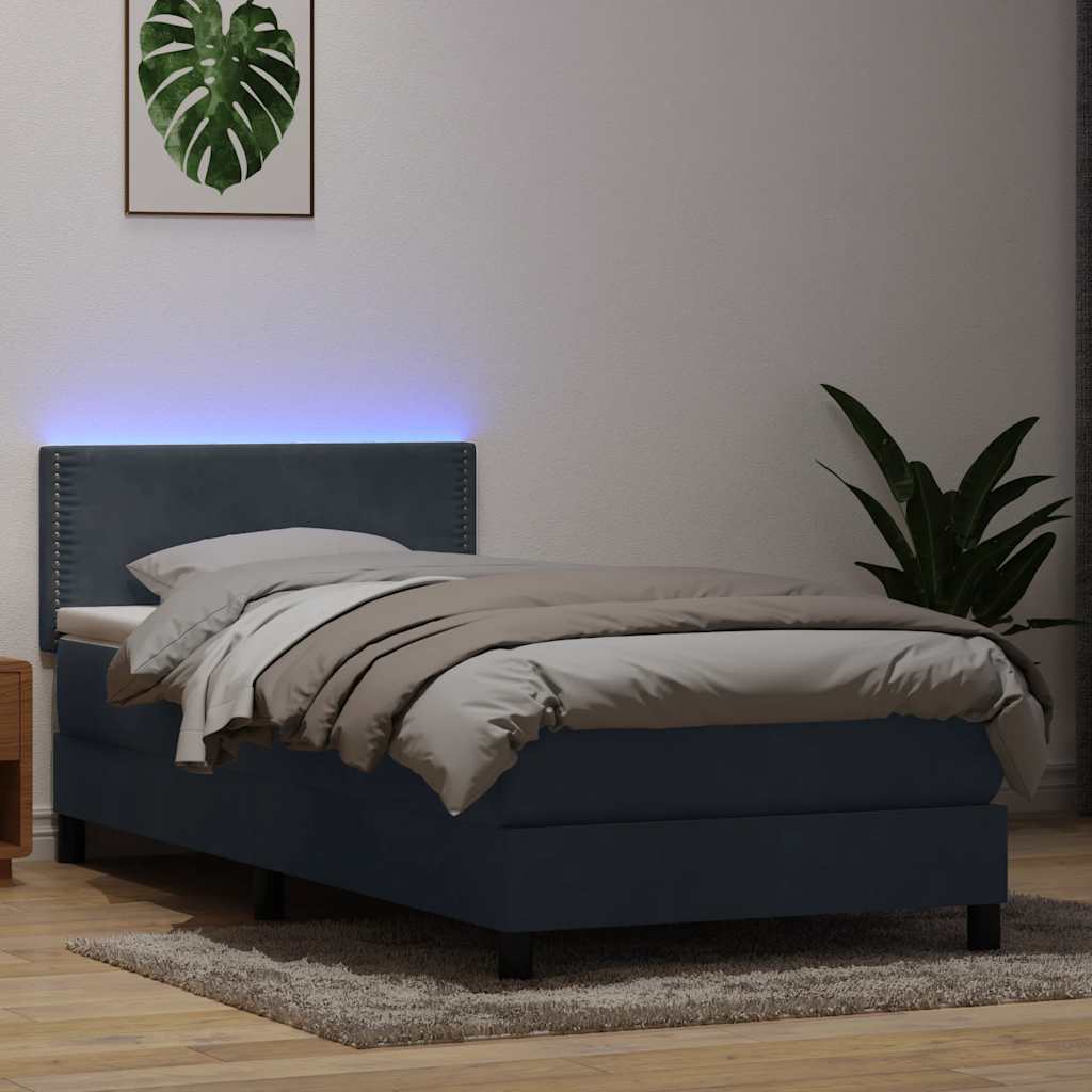 vidaXL Łóżko kontynentalne z materacem i LED, ciemnoszary aksamit, 90x220 cm