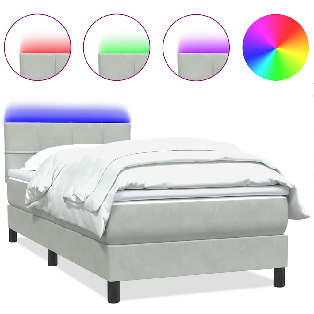 vidaXL Łóżko kontynentalne z materacem i LED, jasnoszary aksamit, 90x210 cm